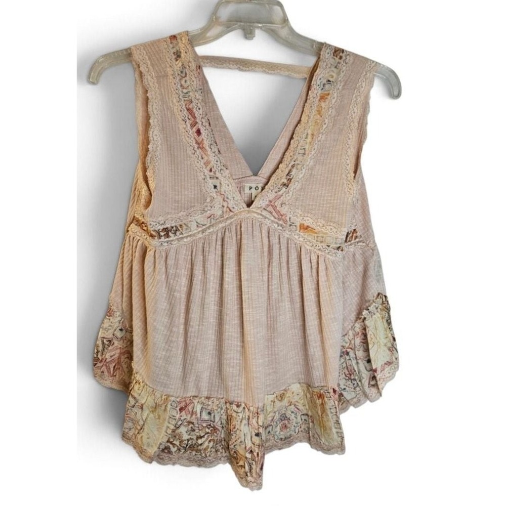 POL Sleeveless Ribbed V-Neck Babydoll Top with Floral Lace Trim